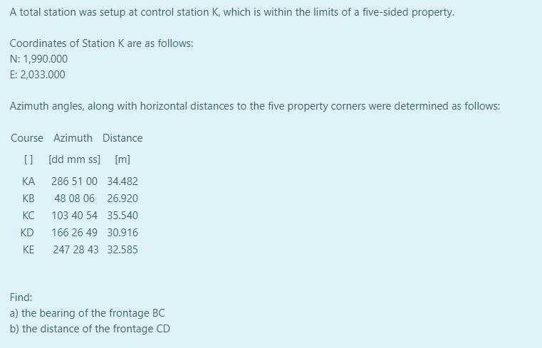 Solved A total station was setup at control station K, which | Chegg.com