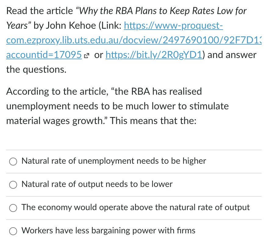 Solved Read The Article "Why The RBA Plans To Keep Rates Low | Chegg.com