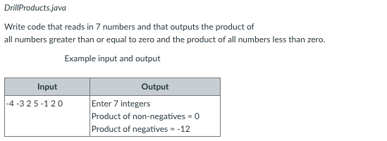 Solved DrillProducts.java Write code that reads in 7 numbers | Chegg.com