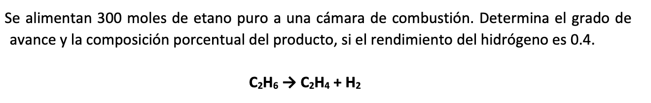 Se alimentan 300 moles de etano puro a una cámara de combustión. Determina el grado de avance y la composición porcentual del