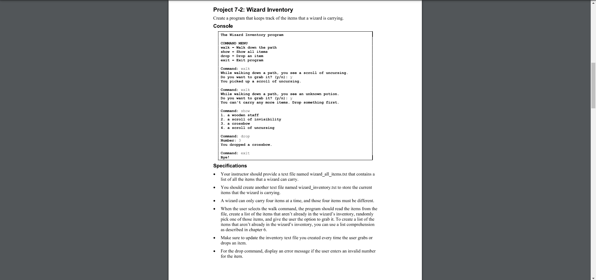 Solved Project 7-2: Wizard Inventory Create a program that | Chegg.com