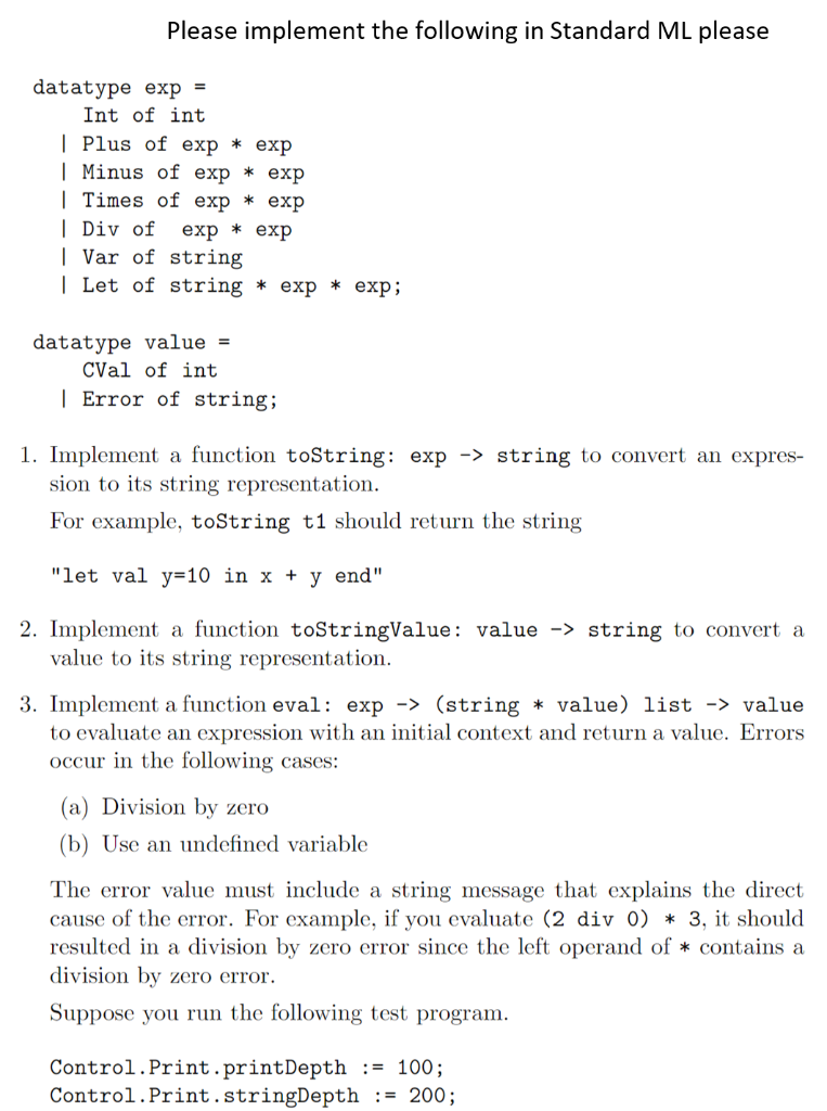 Please implement the following in Standard ML please | Chegg.com