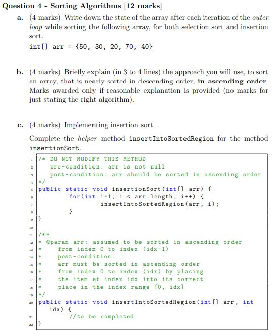 Solved Question 4 Sorting Algorithms [12 marks (4 marks) | Chegg.com