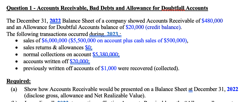 Solved Question 1 - Accounts Receivable, Bad Debts And | Chegg.com