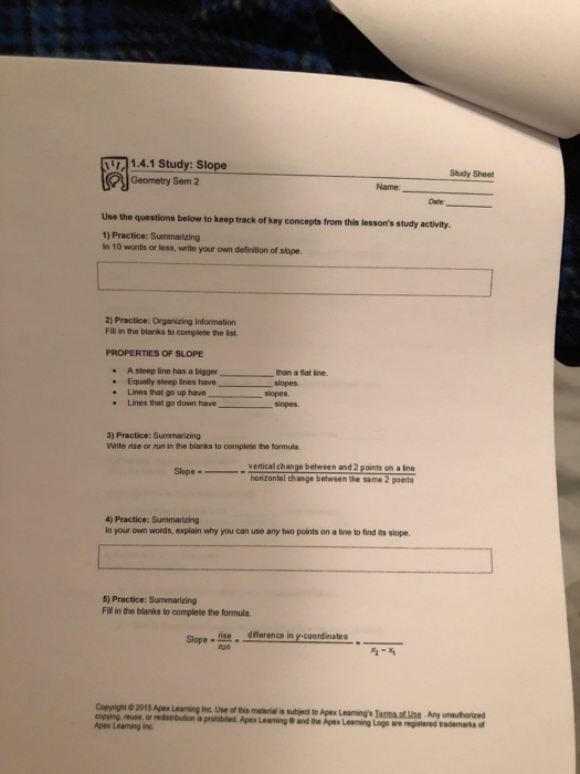 Solved 1.4.1 Study: Slope Geometry Sem 2 Study Sheet Name | Chegg.com