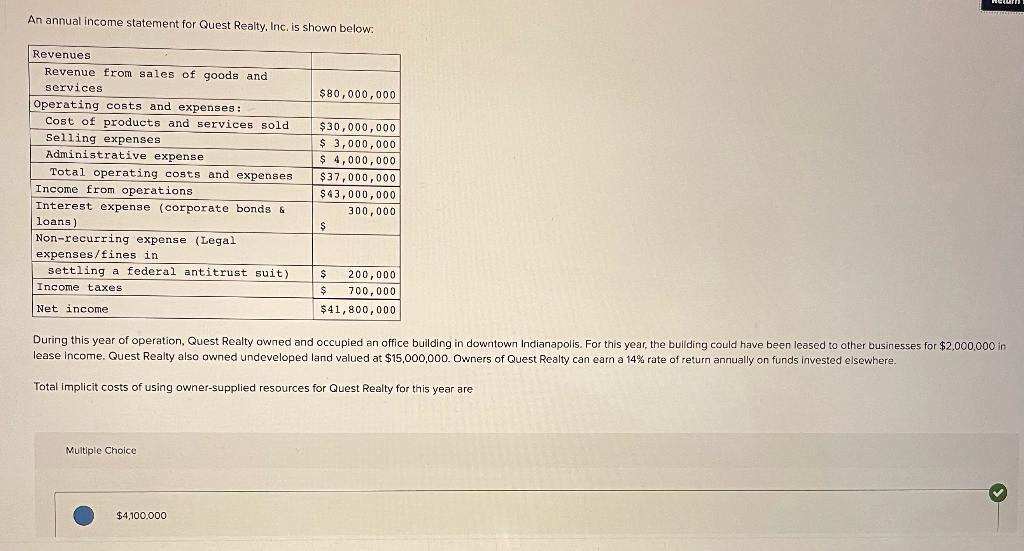 Solved An annual statement for Quest Realty, Inc. is