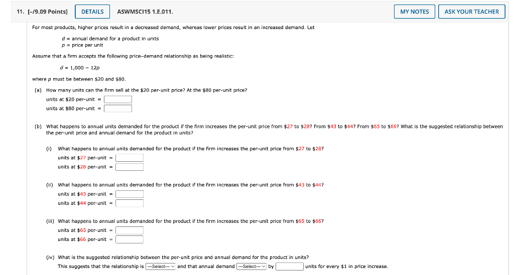 Solved 11. [-/9.09 Points] DETAILS ASWMSCI15 1.E.011. MY | Chegg.com