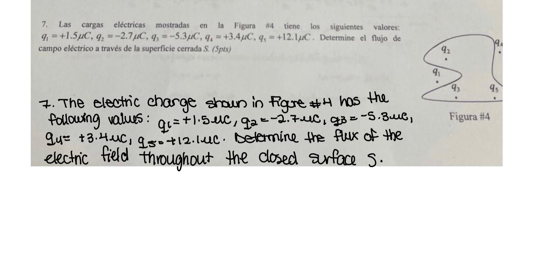 7. Las cargas eléctricas mostradas en la Figura H4 tiene los siguientes valores: \( q_{1}=+1.5 \mu C, q_{2}=-2.7 \mu C, q_{3}