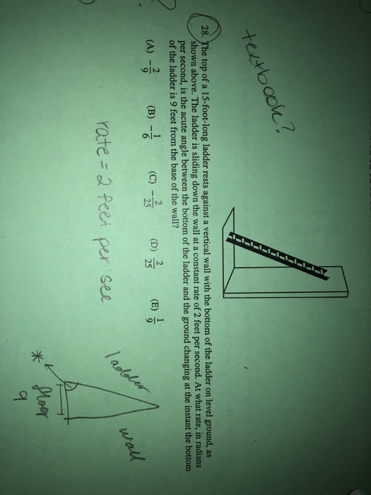 Solved texrboo 28. The top of a 15-foot-long ladder rests | Chegg.com