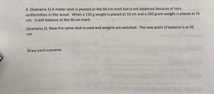 Solved 3. (Scenario 1) A meter stick is pivoted at the 50-cm | Chegg.com