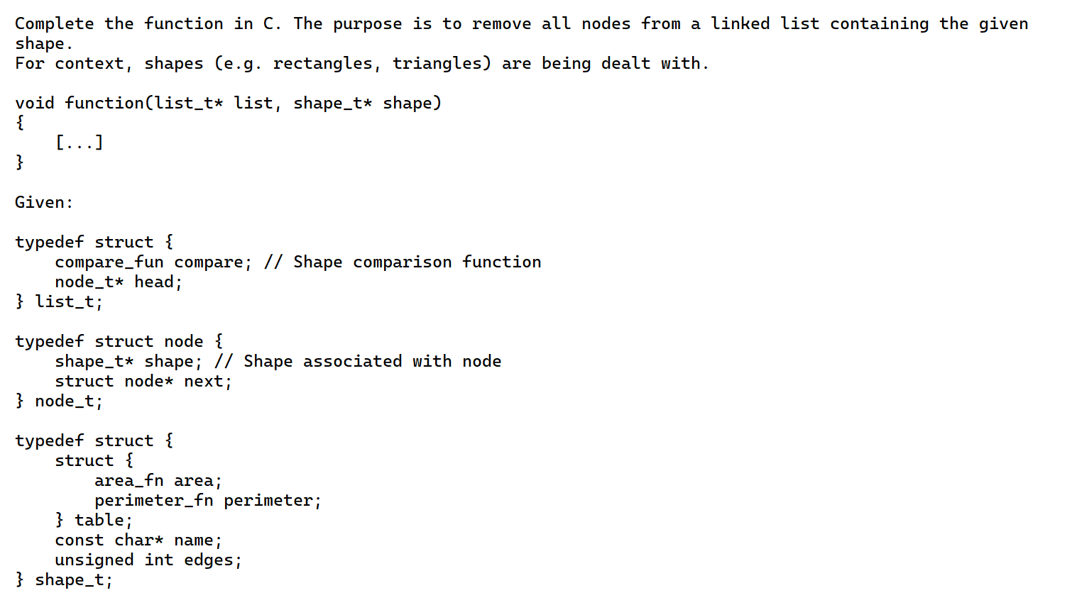 Solved Complete the function in C. The purpose is to remove | Chegg.com