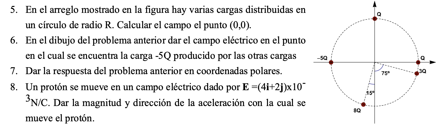 5. En el arreglo mostrado en la figura hay varias cargas distribuidas en un círculo de radio \( R \). Calcular el campo el pu