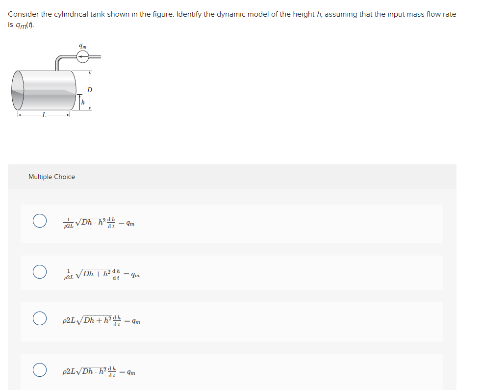 Consider the cylindrical tank shown in the figure. Identify the dynamic model of the height \( h \), assuming that the input 