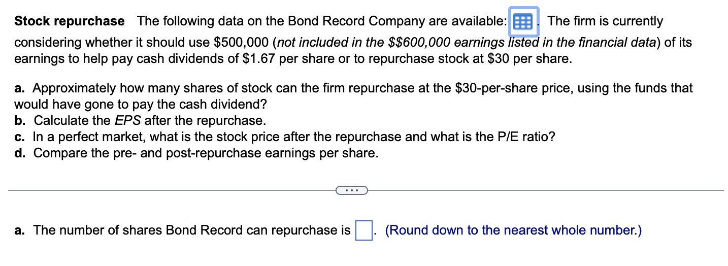 Solved Stock repurchase The following data on the Bond | Chegg.com