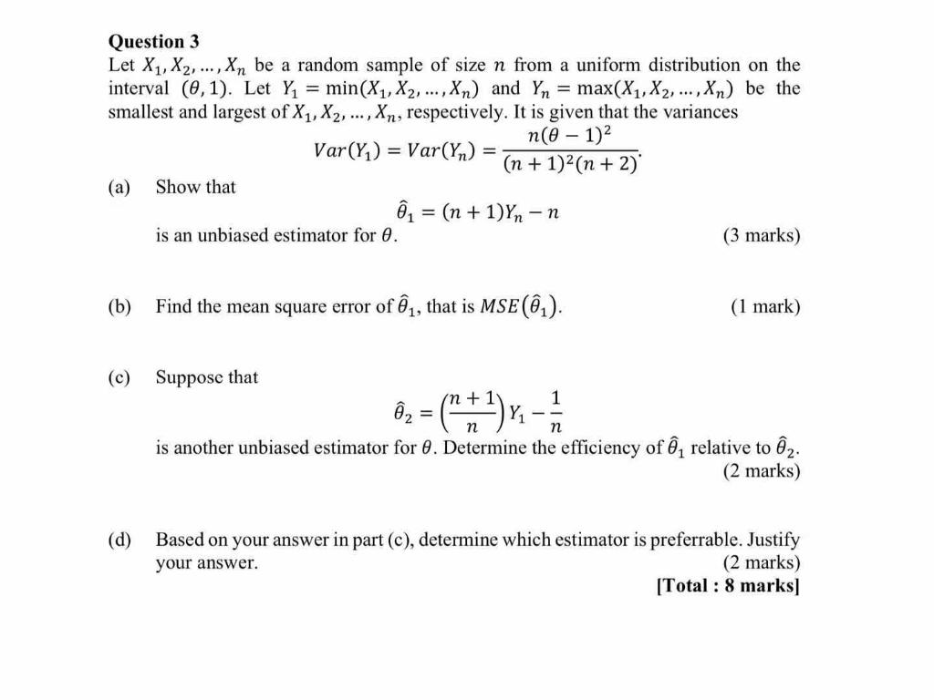 Solved Question 3 Let X1 X2 Xn Be A Random Sample Of