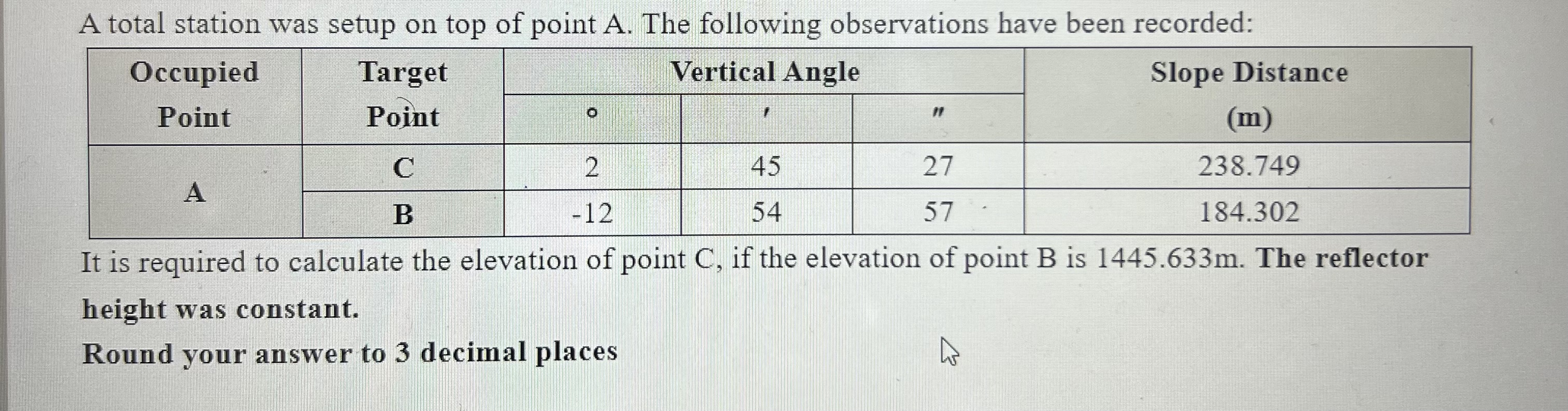 Solved A total station was setup on top of point A. ﻿The | Chegg.com