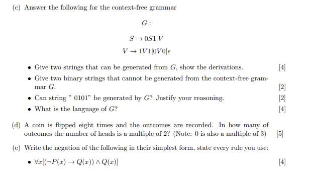 Solved (c) Answer the following for the context-free grammar | Chegg.com