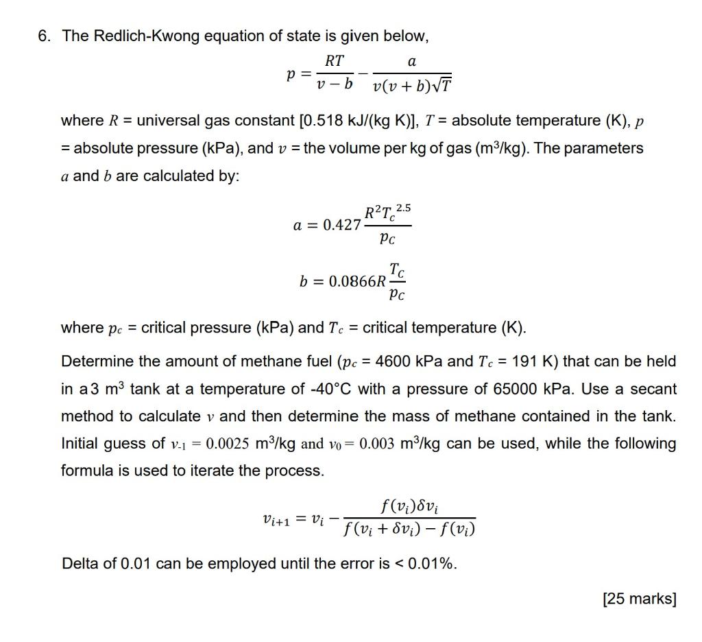 Solved 6. The Redlich-Kwong equation of state is given | Chegg.com