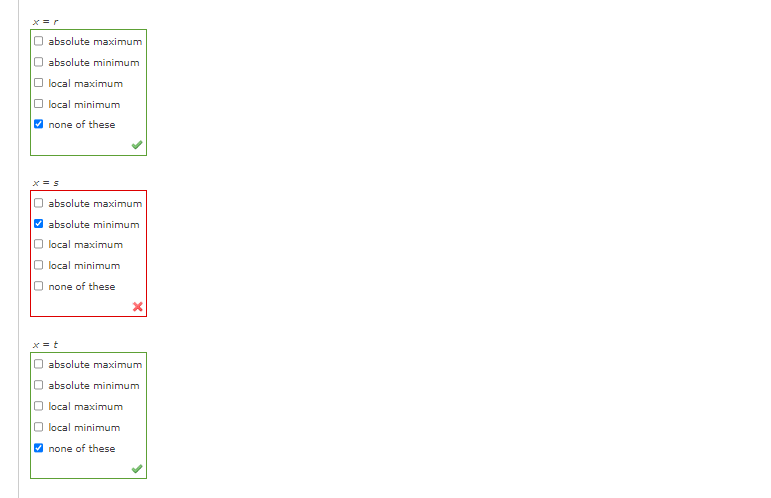 \[
x=r
\]
absolute maximum absolute minimum local maximum local minimum none of these
\[
x=s
\]
absolute maximum absolute min