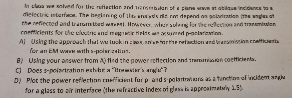Solved In class we solved for the reflection and | Chegg.com