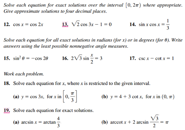 Solved Solve each equation for exact solutions over the | Chegg.com