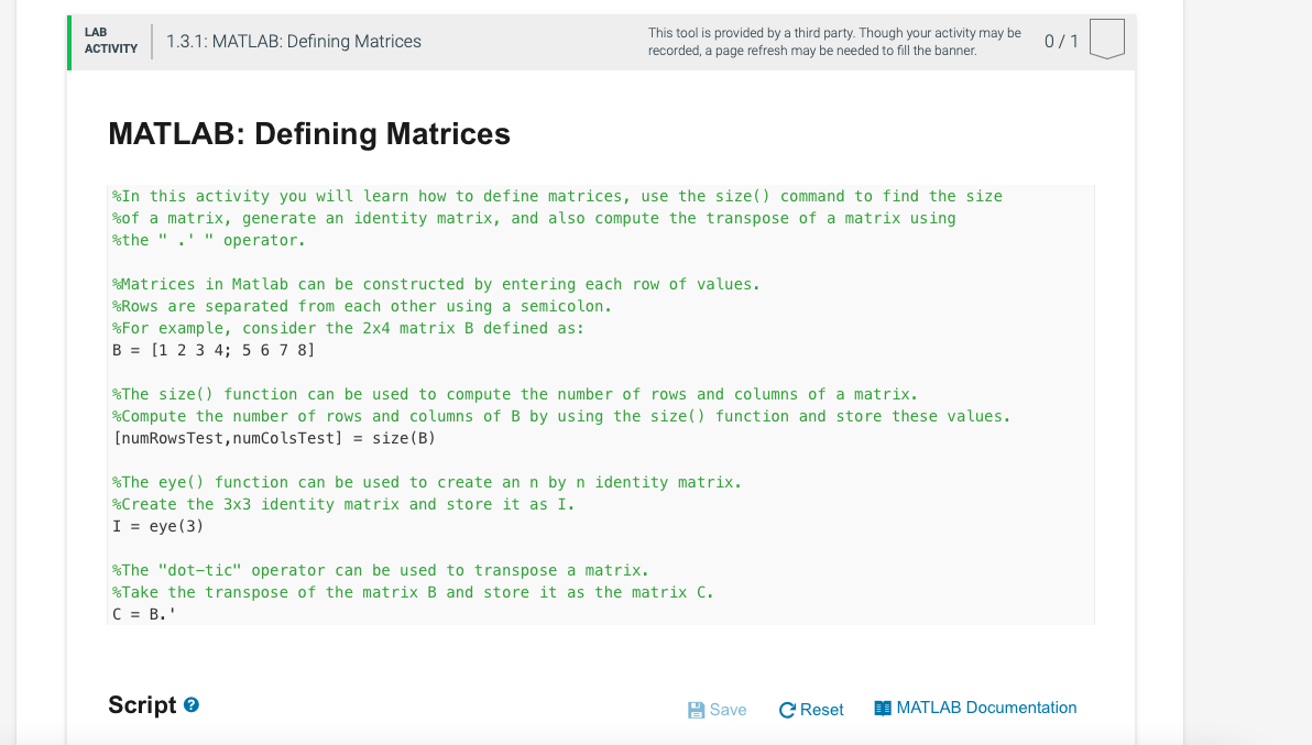 Solved MATLAB Defining Matrices In this activity you will