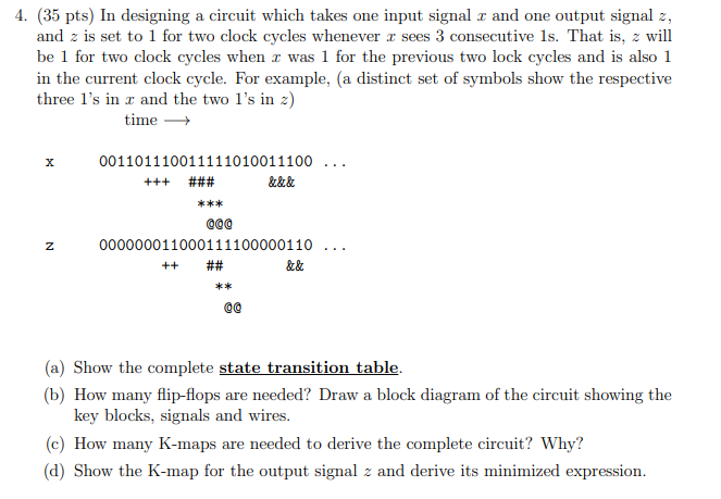 4. (35 pts) In designing a circuit which takes one input signal \( x \) and one output signal \( z \), and \( z \) is set to 