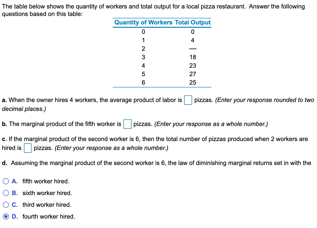 Solved The table below shows the quantity of workers and