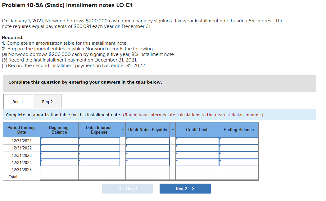 Solved Problem 10-5A (Static) Installment Notes LO C1 On | Chegg.com