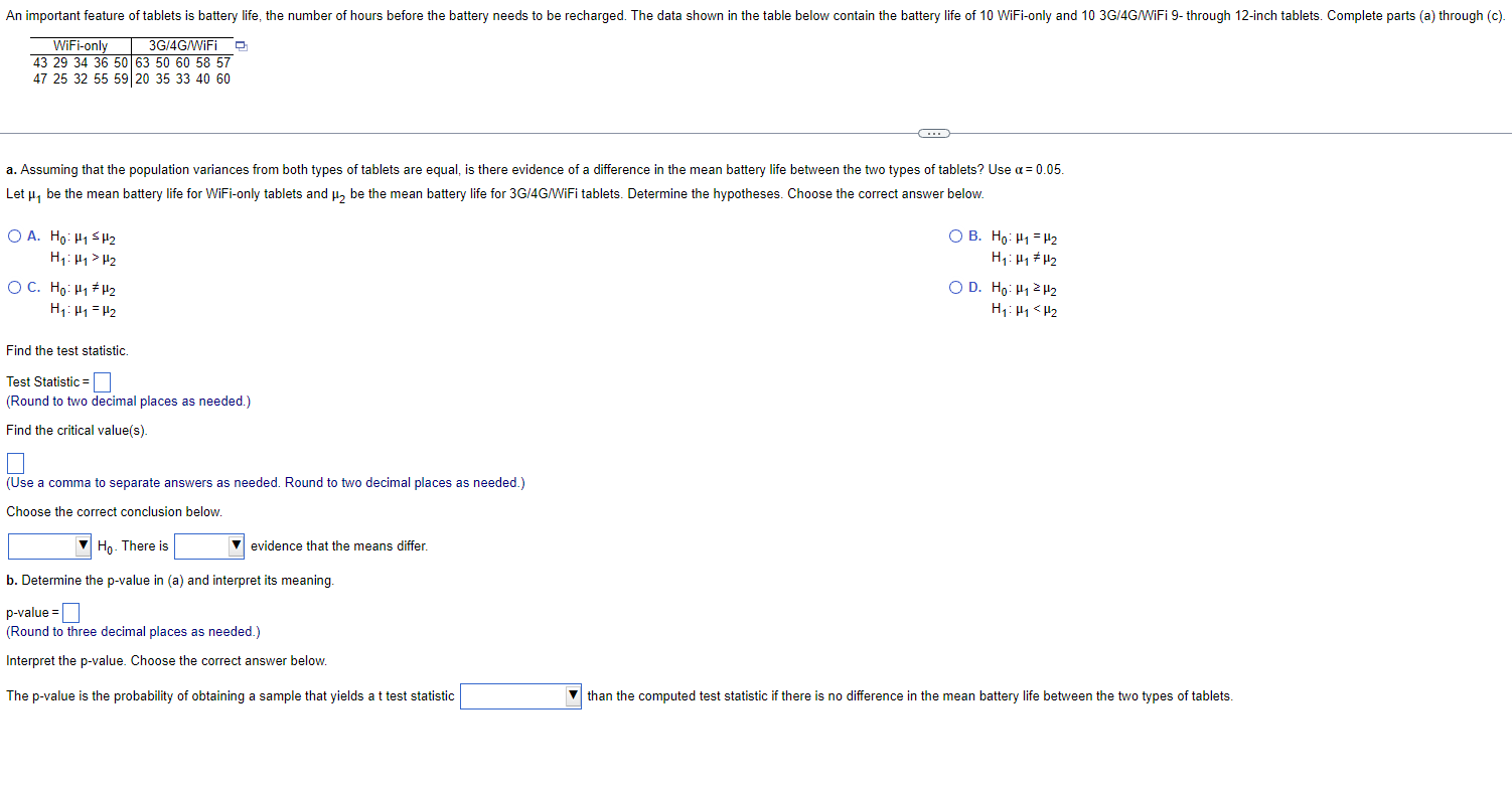 Solved An important feature of tablets is battery life, the | Chegg.com