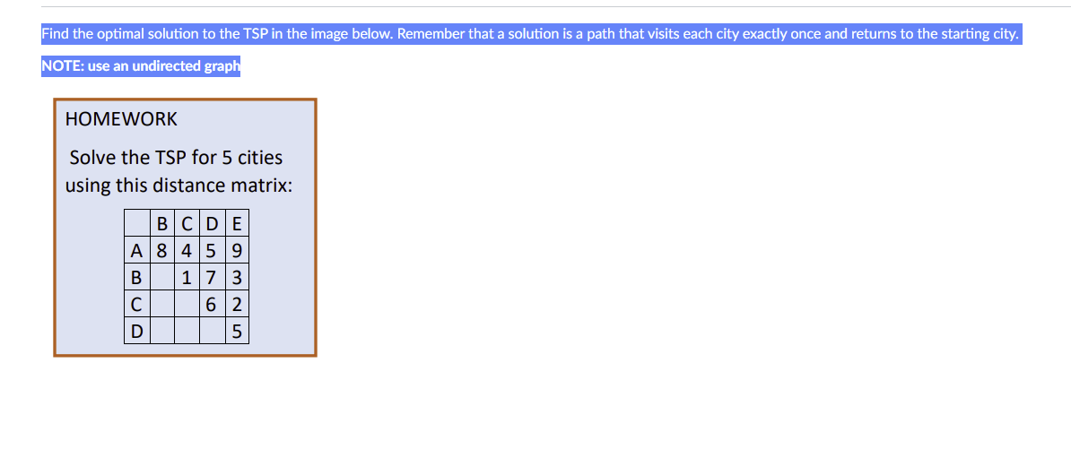 Solved Find the optimal solution to the TSP in the image | Chegg.com