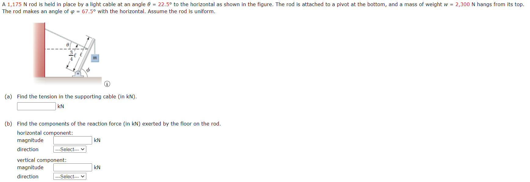 Solved A 1,175 N rod is held in place by a light cable at an | Chegg.com