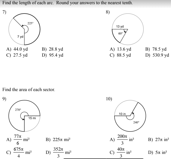 geometry assignment find the length of each arc