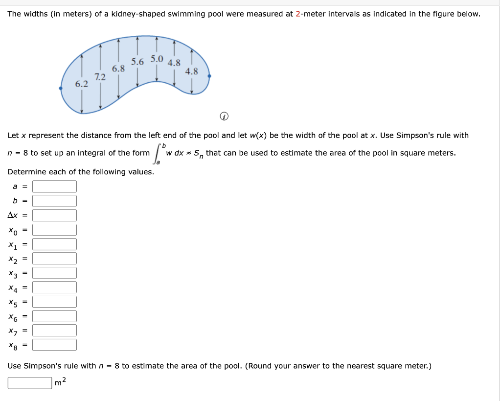 Solved The widths (in meters) of a kidneyshaped swimming