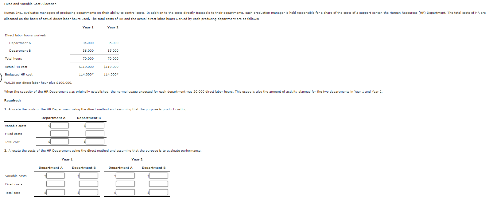 Solved Fixed and Variable Cost Allocation Kumar, Inc., | Chegg.com