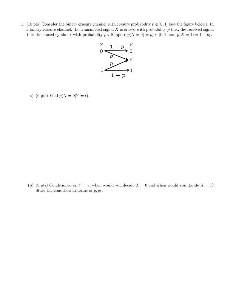 Solved 1. (15 pts) Consider the binary crasure channel with | Chegg.com