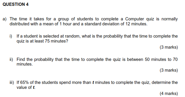 Solved The time it takes for a group of students to complete | Chegg.com