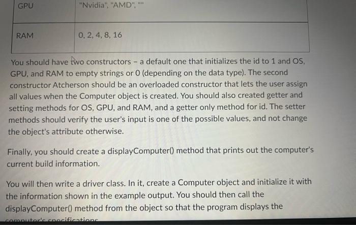 Solved You should have two constructors - a default one that | Chegg.com