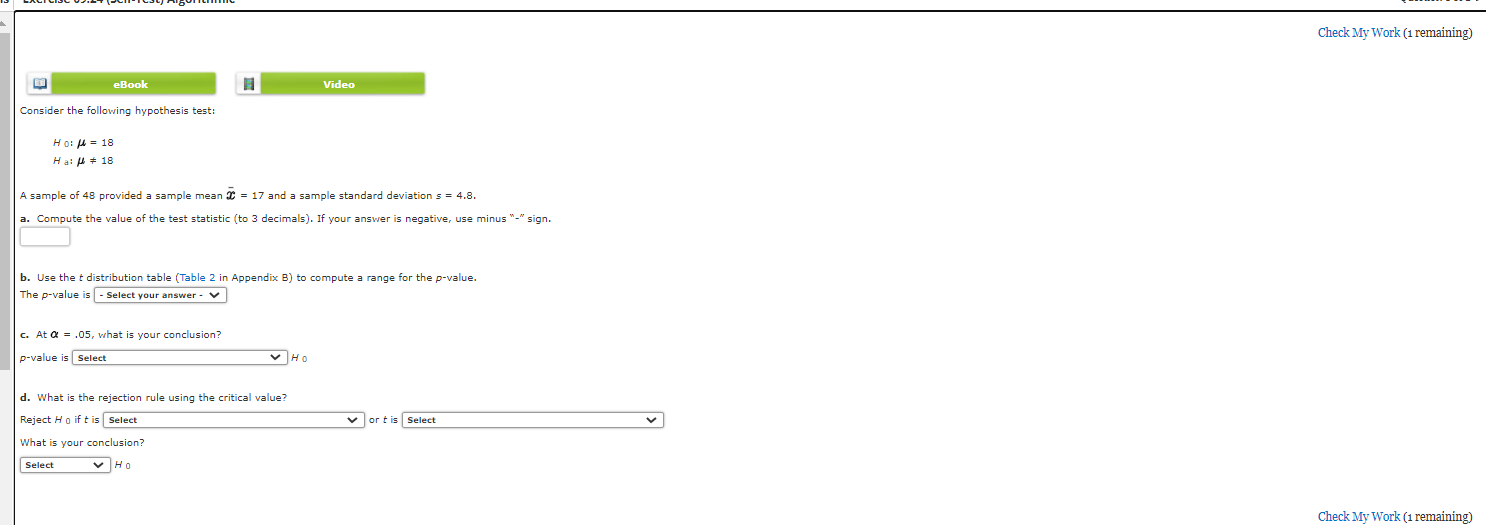Solved Check My Work (1 remaining) eBook Video Consider the | Chegg.com