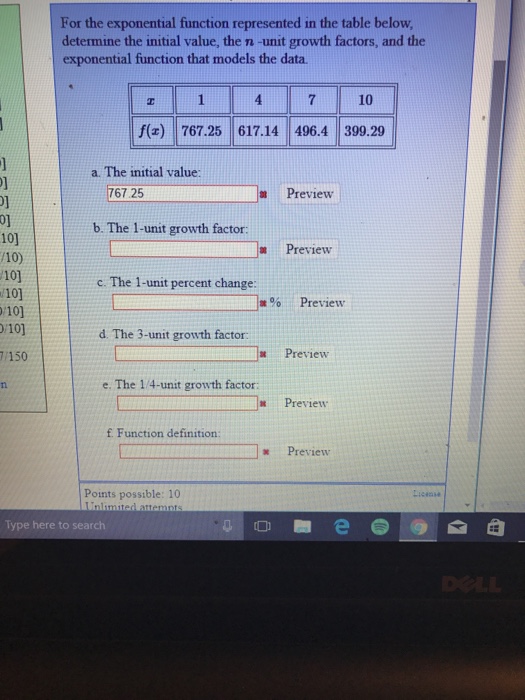 Solved For the exponential function represented in the table | Chegg.com