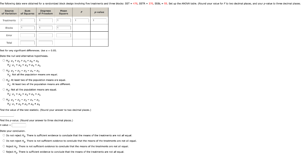 Solved The following data were obtained for a randomized | Chegg.com