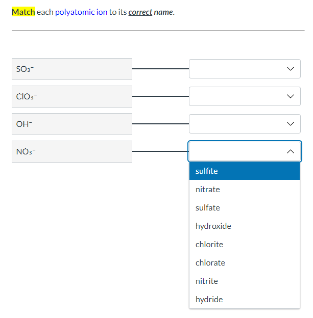 Solved Match each polyatomic ion to its correct name. | Chegg.com