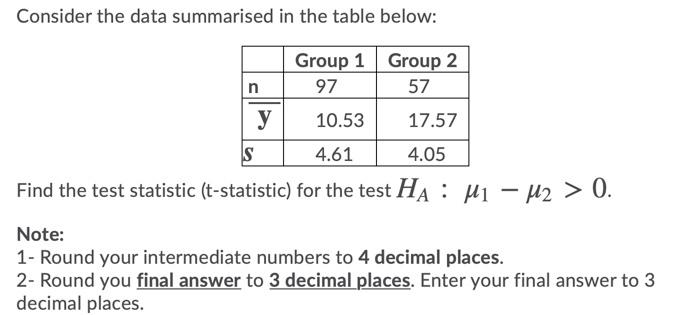 Solved Consider The Data Summarised In The Table Below: N | Chegg.com