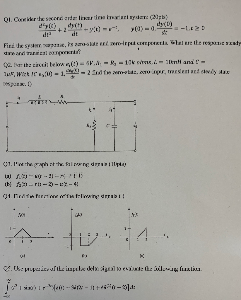 Solved Q1. Consider the second order linear time invariant | Chegg.com