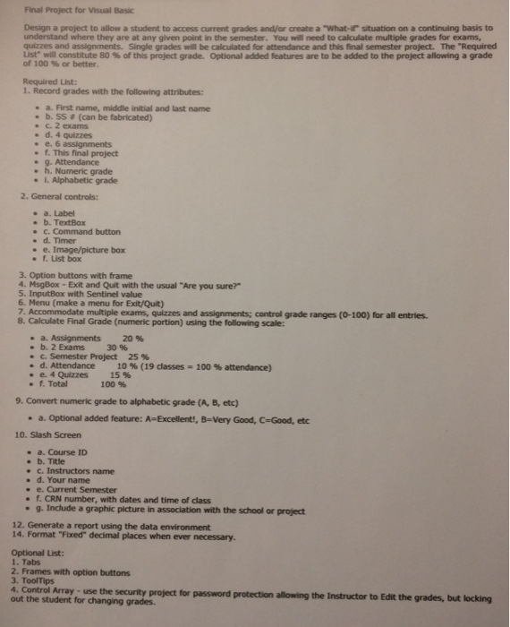Solved Final Project for Visual Basic -if situation on a | Chegg.com