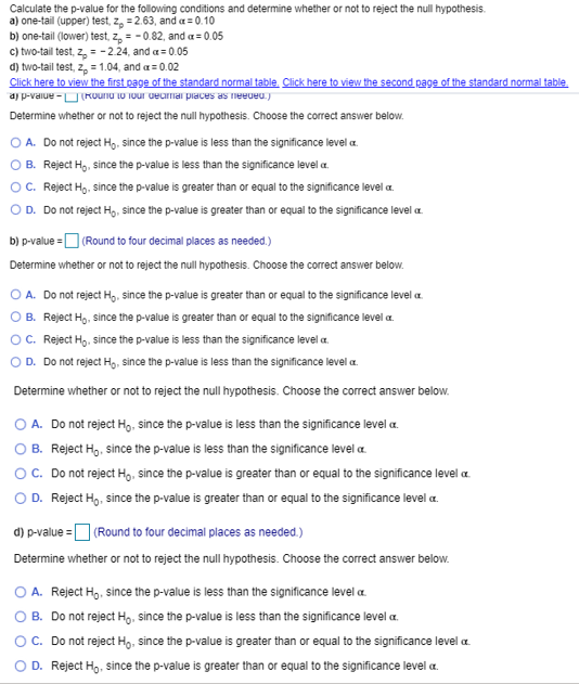 Solved Calculate The P Value For The Following Conditions