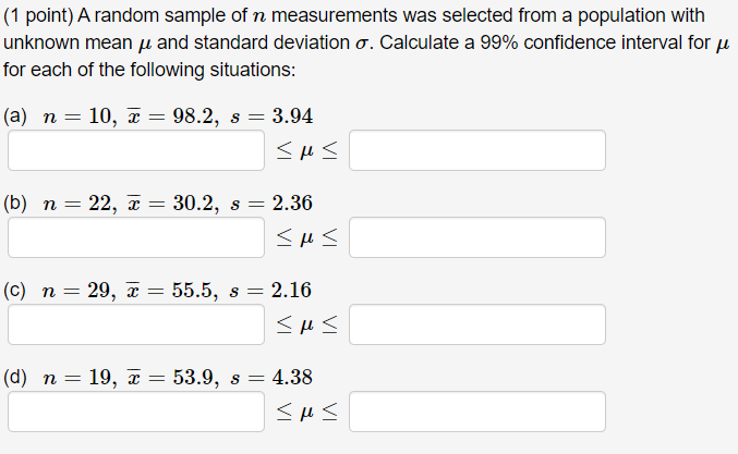 Solved ( 1 point) A random sample of n measurements was | Chegg.com