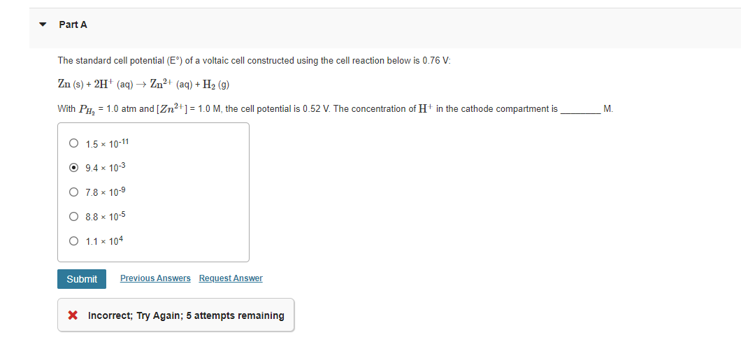 Solved The standard cell potential (E∘) of a voltaic cell | Chegg.com