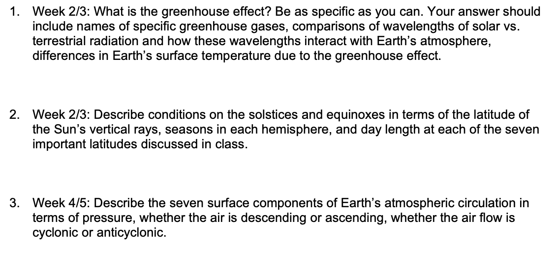 Solved 1. Week 2/3: What is the greenhouse effect? Be as | Chegg.com