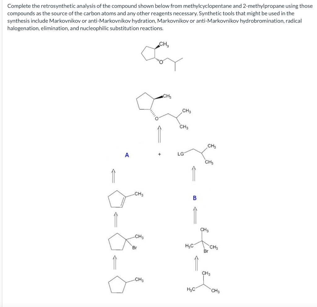 Complete the retrosynthetic analysis of the compound shown below from methylcyclopentane and 2-methylpropane using those
comp